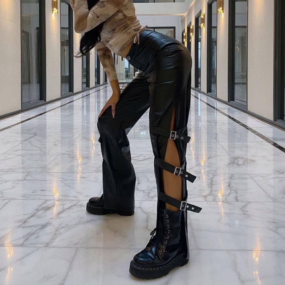 Black Faux Leather Buckle Strap Detail Trousers